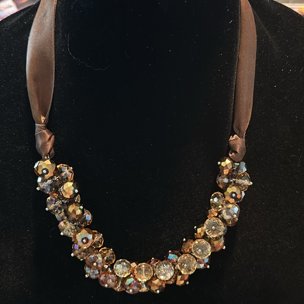 Ali Khan New York Brown Satin Ribbon Cluster Gorgeous Faceted Crystal Necklace